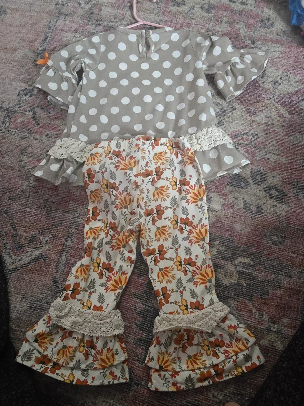 Rare Editions Taupe Polka Dot Pumpkin Top & Autumn Floral Ruffle Pants 18M